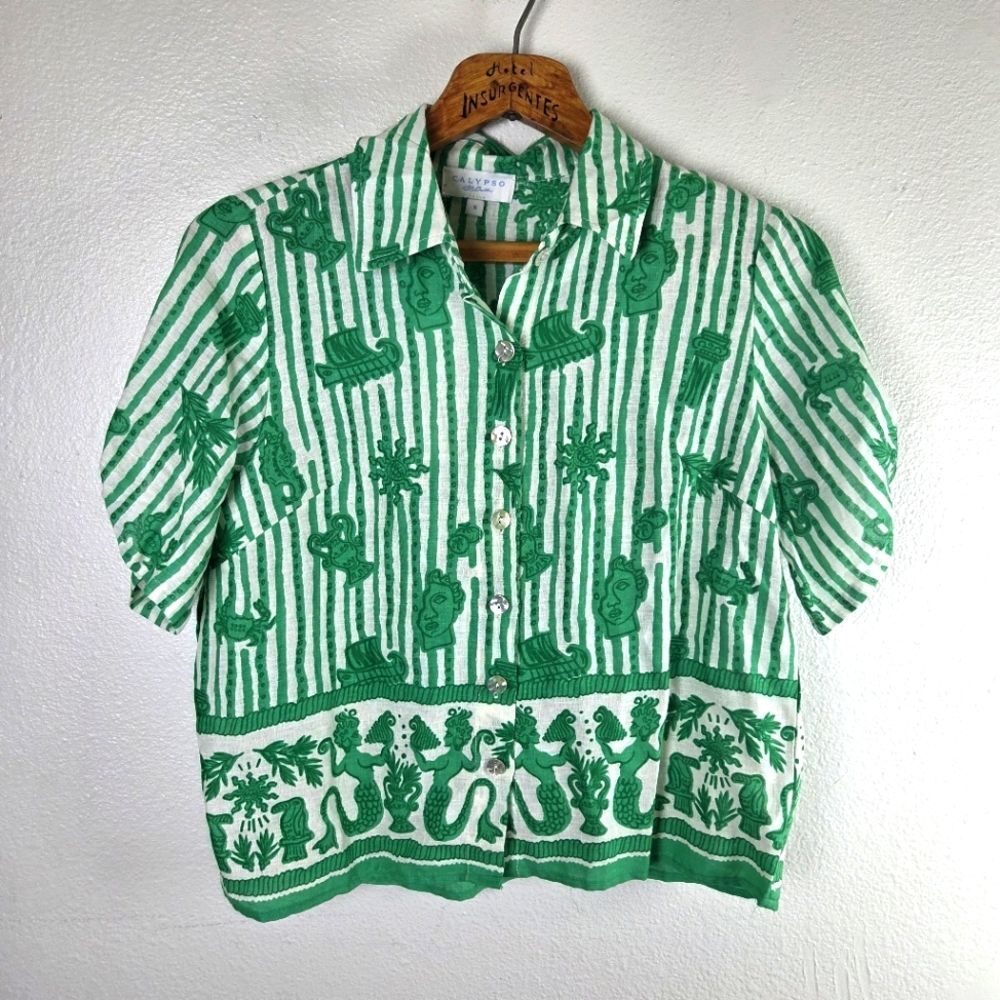 Women's Calypso St. Barth Greek Green Striped Roll Tab Shirt Size Small